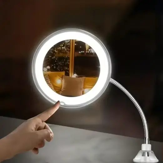 Miroir de maquillage LED avec loupe 10X et col de cygne flexible – Ventouse, lumière diffuse, 360 ° 