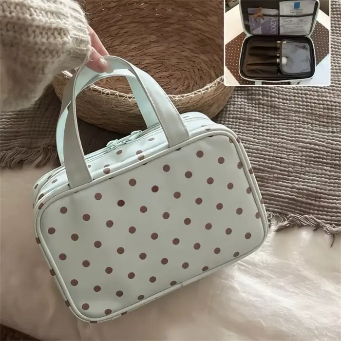 Nouvelle Trousse de Maquillage Portable Grande Capacité à Pois avec 3 Compartiments pour Femmes, Org