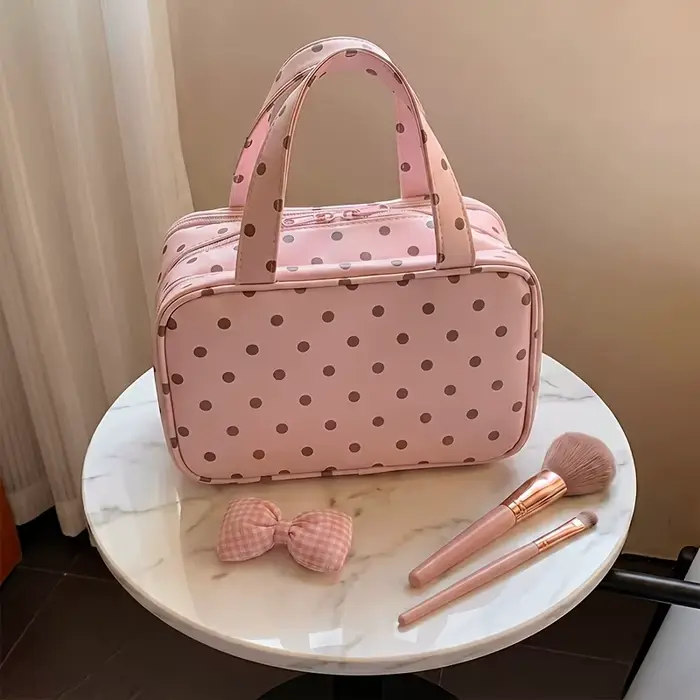 Nouvelle Trousse de Maquillage 2026 à Pois en PU, Sac de Voyage Suspendu à Trois Compartiments Multi