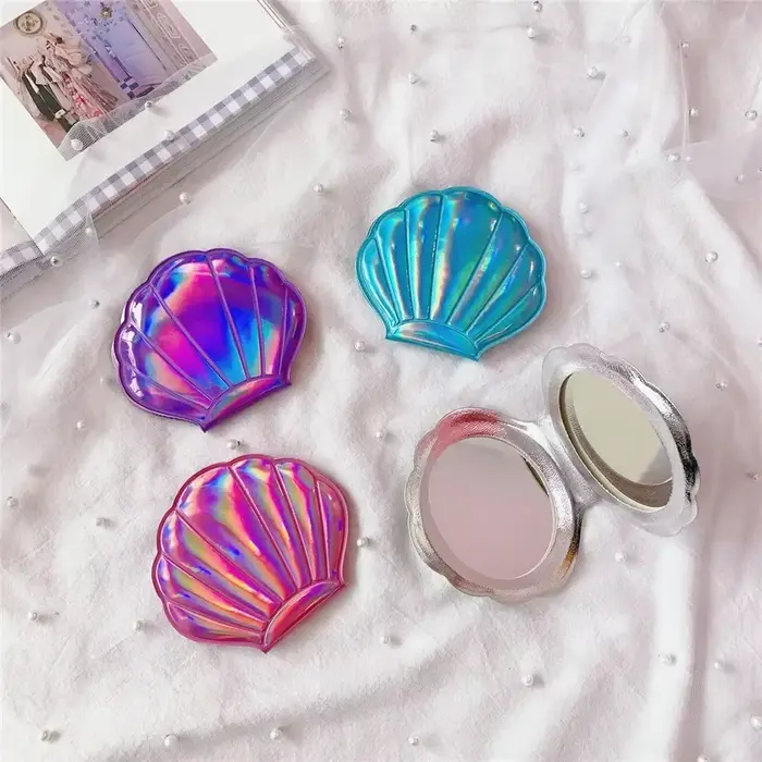 Rêve Laser couleur coquille forme miroir de maquillage 2X grossissant Portable Double face pliant poche Kawaii