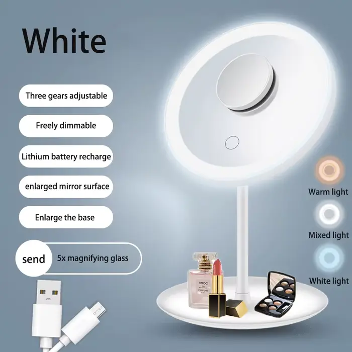 Miroir de maquillage LED ﻿ Miroir de vanité USB détachable, 3 couleurs réglables avec 1 loupe 5X, ra