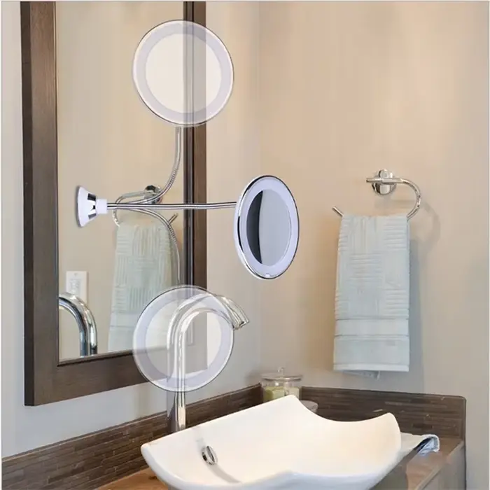 Miroir de maquillage grossissant 10X, tuyau Flexible, ventouse, lumière LED, écran tactile, miroir d