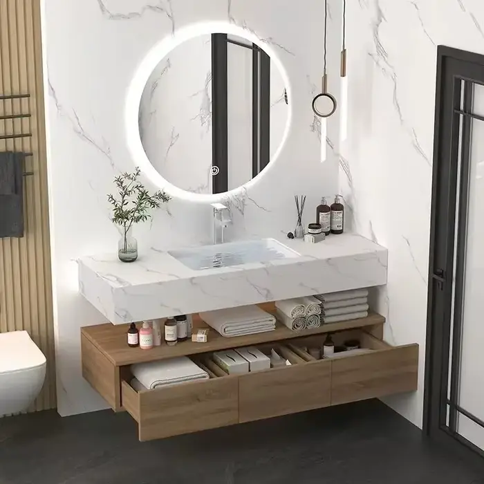 Miroir de salle de bain en chêne avec ensemble d'armoire, support mural, vanité de bain de 60 pouces