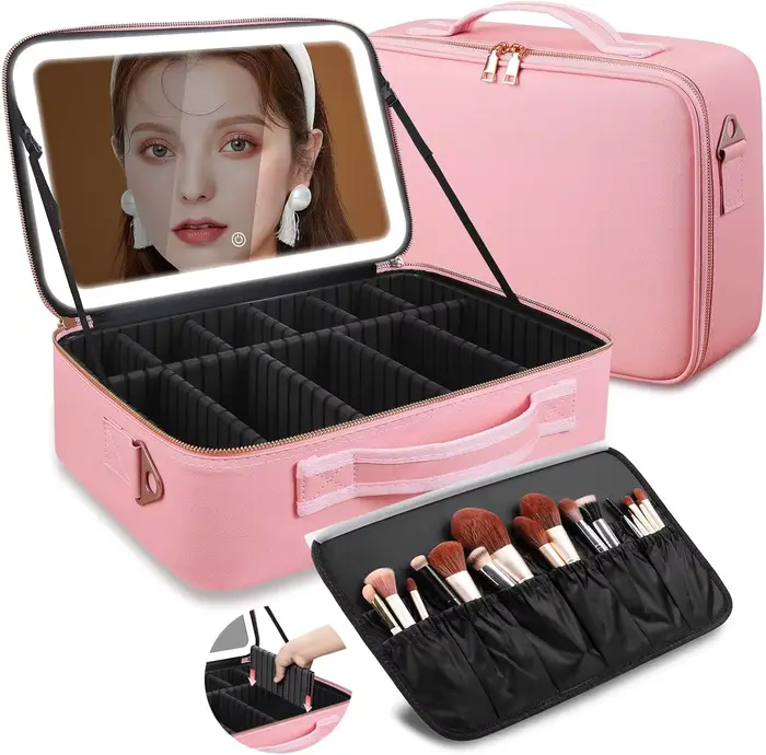 Trousse de maquillage grande capacité 15''x11'' avec miroir LED 3 couleurs, organiseur de maquillage