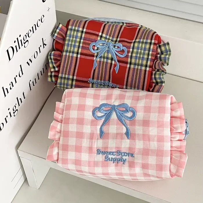 Kawaii sac cosmétique Plaid arc trousse de Maquillage mignon petit sac fille Style doux à volants
