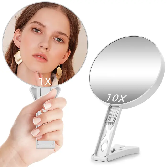Miroir grossissant 10X pour le voyage avec poignée, miroir de poche double face 1X/10X pour le maqui