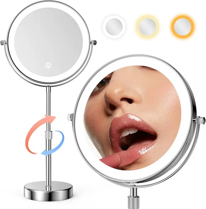Miroir de maquillage éclairé de 8 pouces, grossissant 1x/10x avec miroir de vanité 3 couleurs, miroi