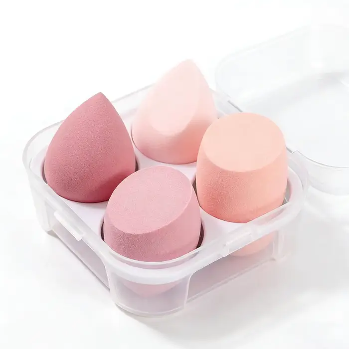 Ensemble de 4 éponges de maquillage roses - Éponges de mélange sans latex avec étui, pour liquides/c