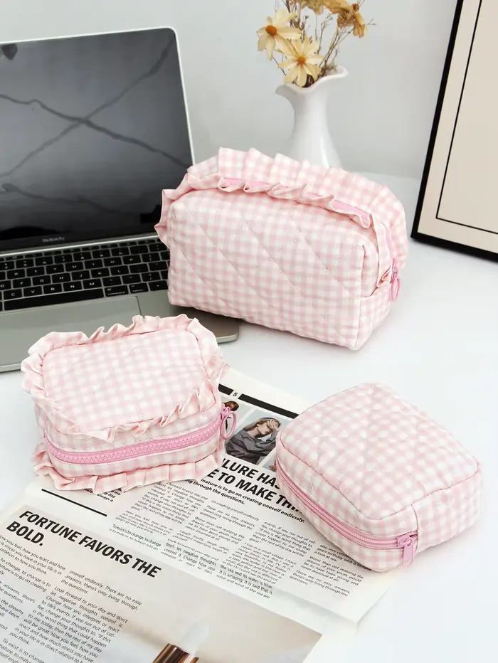 Trousse de maquillage matelassée à carreaux 1 pièce/ensemble