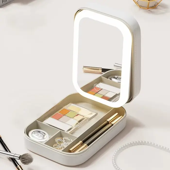 Boîte de rangement de maquillage miroir LED, boîte de rangement de cosmétiques, sac de maquillage de