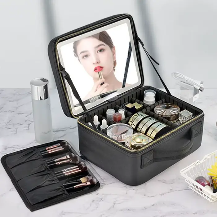 Trousse à cosmétiques intelligente LED avec miroir, trousse de maquillage de voyage, grande capacité