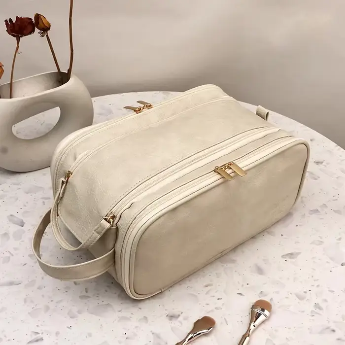 Trousse de maquillage multifonctionnelle pour femme, cuir PU, grande capacité, portable, double ferm