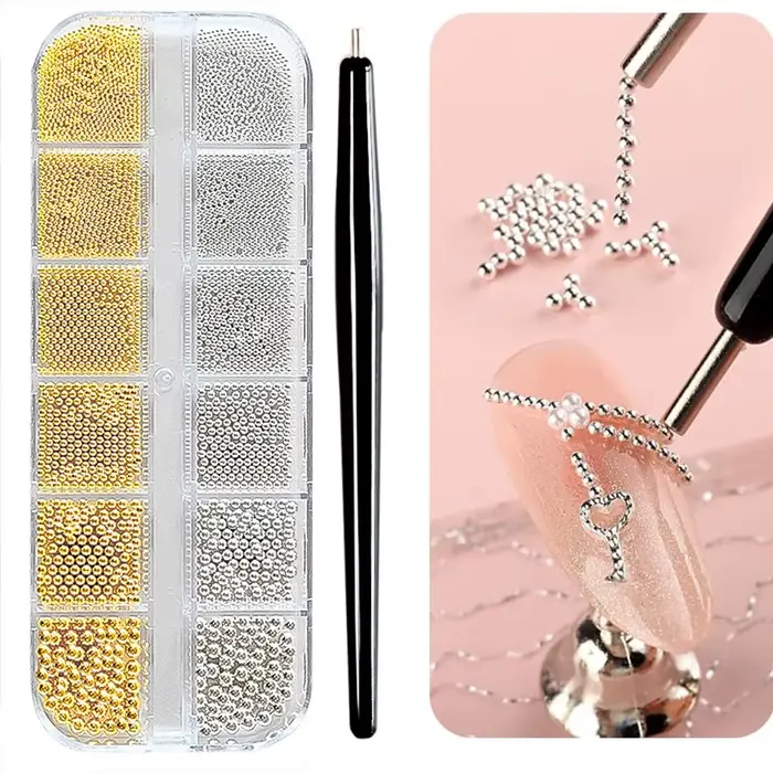 Mini perles de Caviar or/argent à 12 grilles, décorations Nail Art, Micro boules en métal, breloque 