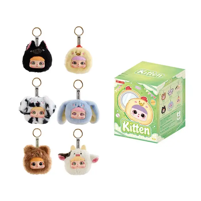 Miroir de maquillage chaton, série animaux, boîte surprise en peluche, breloque de sac à dos, miroir