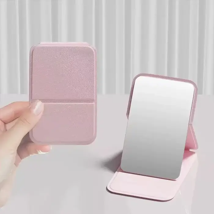 Miroir de maquillage de bureau en cuir PU couleur unie, simple, portable, pliable, compact, mignon, 