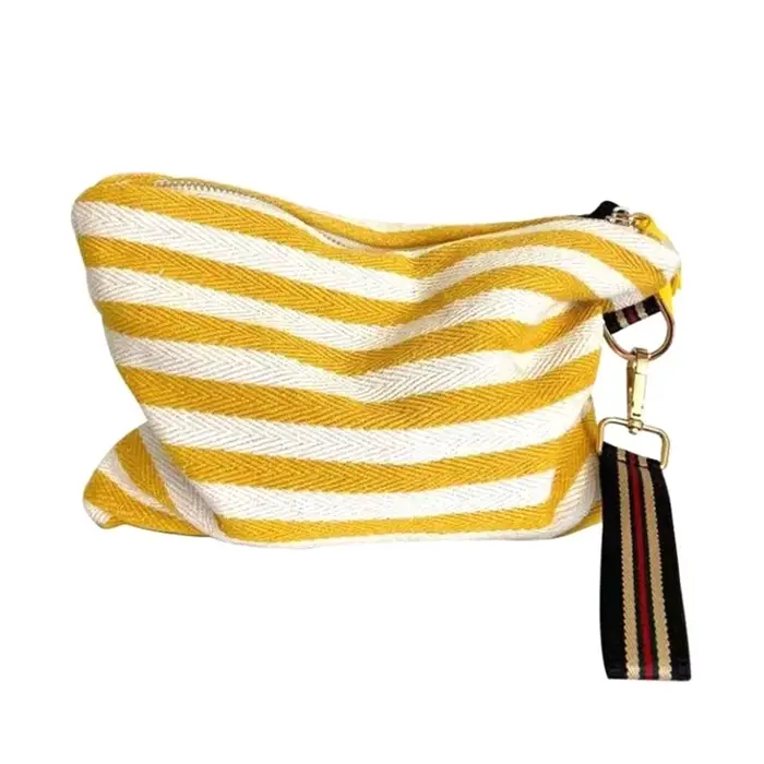 Trousse à cosmétiques pour femmes, trousse de maquillage rayée, organisateur coréen à pompon, pochet