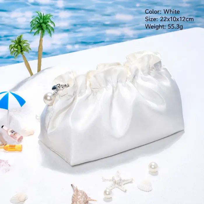 Trousse de Toilette de Voyage pour Femme Grande Capacité en Soie Satinée, Pochette Cosmétique Plissé