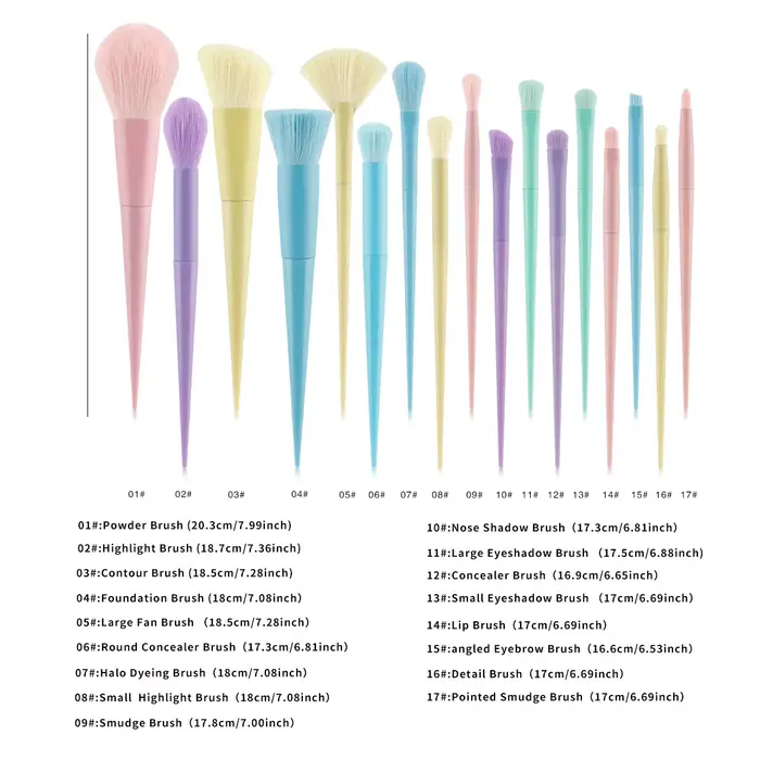 17 pinceaux de maquillage multicolores