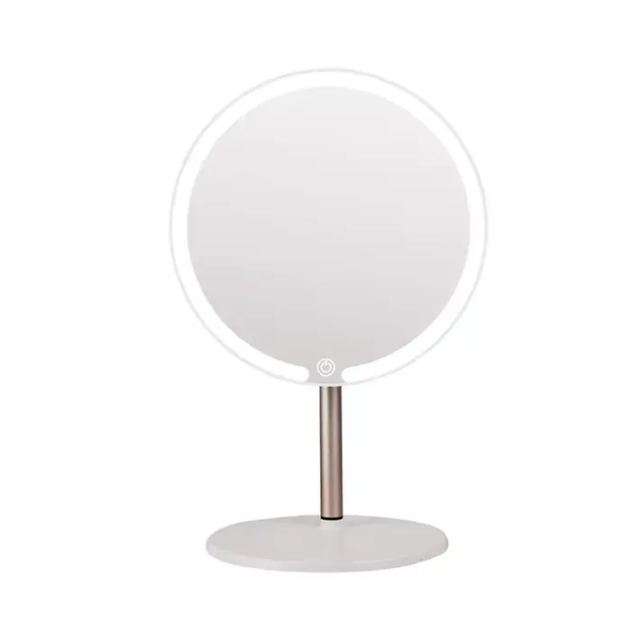 Miroir de maquillage rond LED, miroir de bureau avec métal léger, petit cadeau, vente en gros, 2026