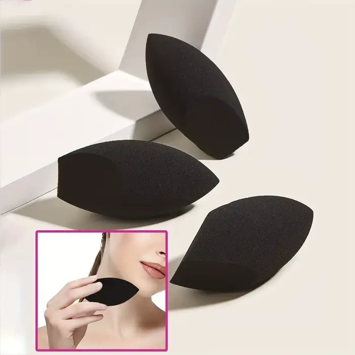 Lot de 3 éponges de maquillage premium sans latex pour une application impeccable - Éponge noire en forme d'œuf pour
