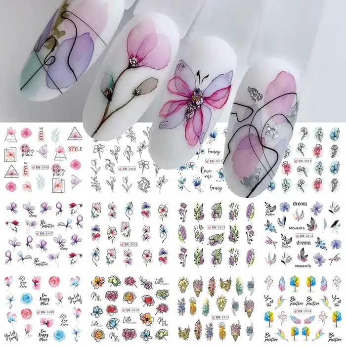 Autocollant de fleurs d'encre pour Nail Art, 12 pièces, décalcomanie d'eau d'été, fleurs en fleurs, 