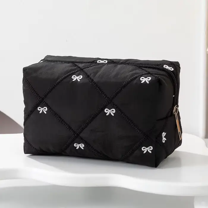 Sac de toilette brodé à nœud, grande capacité, sac de voyage, sac à maquillage à carreaux, pochette 