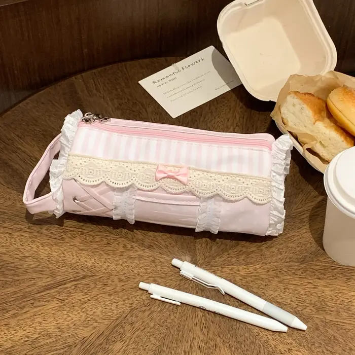 Trousse à crayons en dentelle mignonne pour fille, grande capacité, rangement de bureau, sac à stylo