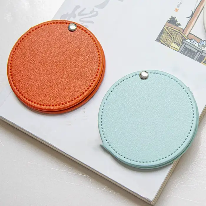 Miroir de maquillage rond ultra-fin en cuir PU