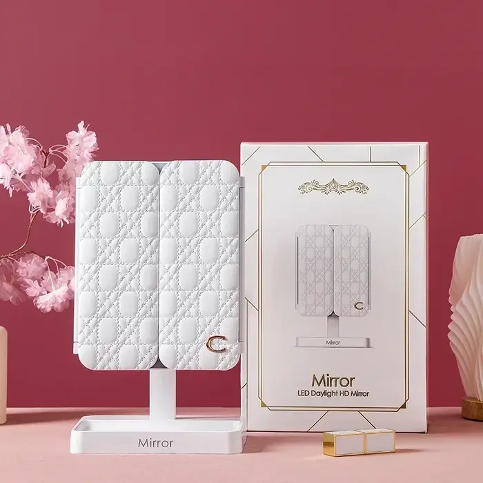 Miroir de maquillage pliable à trois volets avec lumière LED, miroir de vanité de bureau rotatif mig