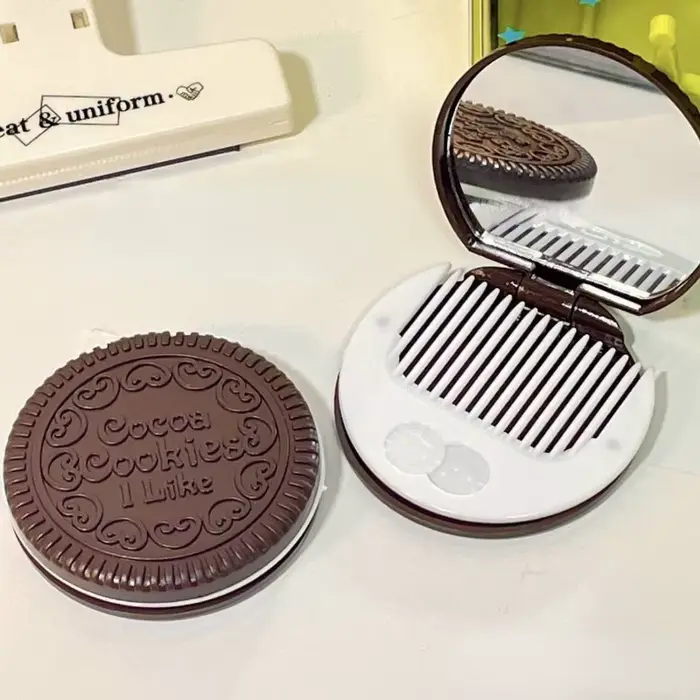 Miroir de maquillage rond pliant Biscuit au chocolat Ins Kawai miroirs de poche extérieurs femmes pe