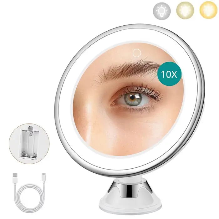 Miroir de maquillage portable grossissant 10X avec 3 couleurs de lumière, miroir cosmétique avec ven