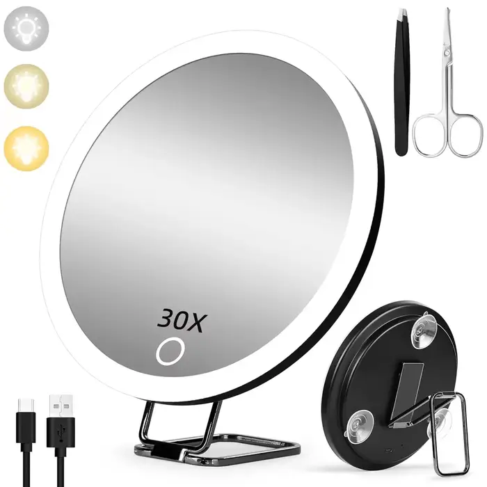 Miroir grossissant 30X avec lumière réglable et pince à épiler & ciseaux, miroir de maquillage avec 