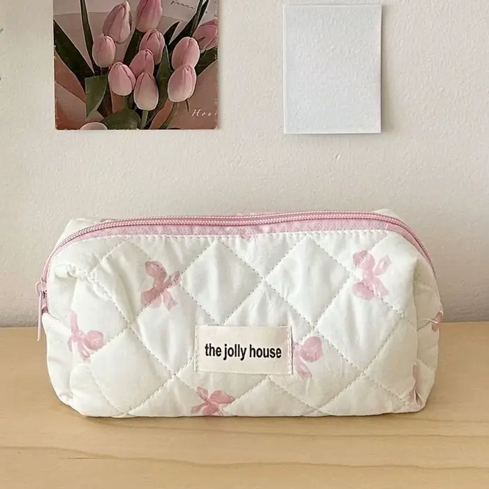 Trousse de maquillage matelassée à nœud blanc, jolie pochette à cosmétiques pour filles, grande capa