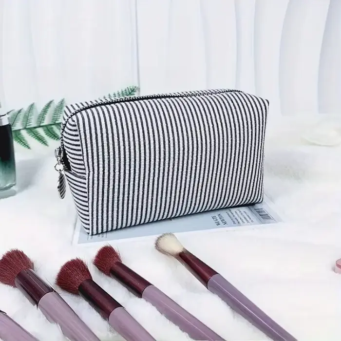 Trousse de toilette rayée personnalisée – Brodée sur mesure, rangement de cosmétiques portable en po