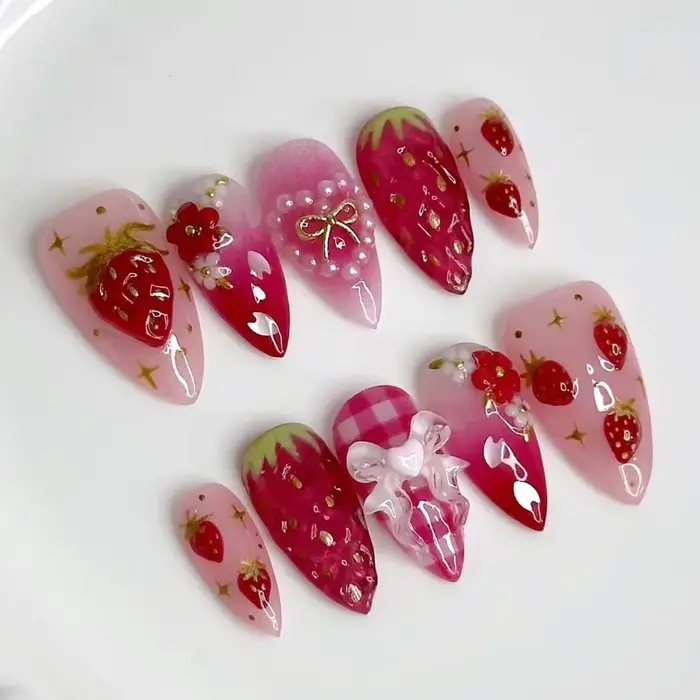 24 pièces Ins 3D nœuds papillon presse sur ongles doux fraise rose Plaid amande faux ongles avec coe