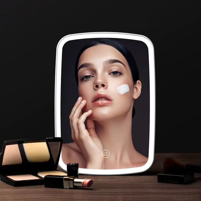 Miroir de maquillage LED avec support de bureau pliant Compact carré voyage cosmétique Portable éclairé