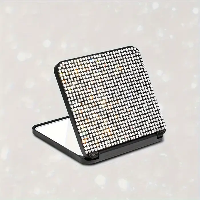 Miroir de poche carré portable à strass, miroir de maquillage pliable double face, outil cosmétique 