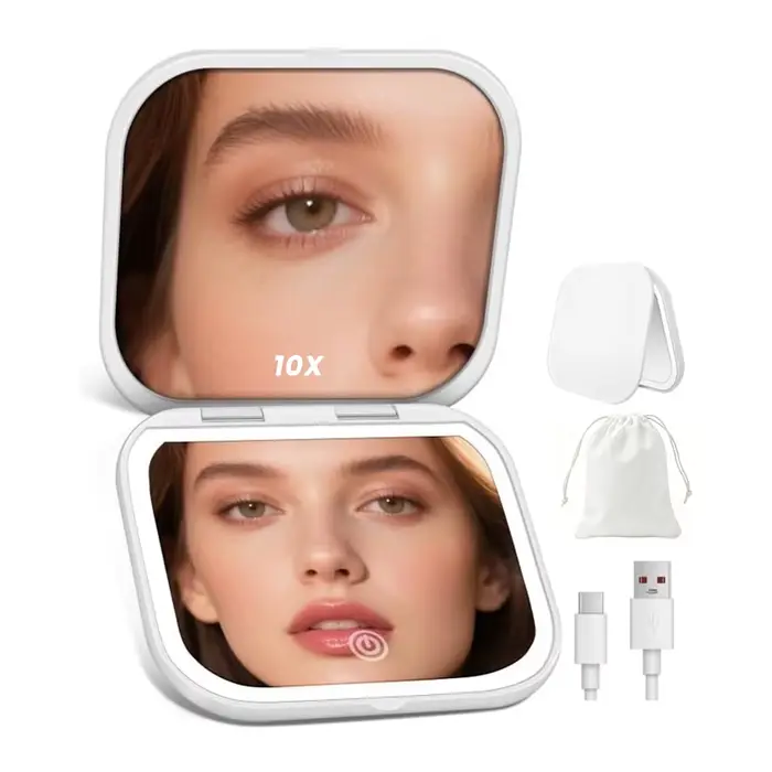 Miroir de maquillage avec éclairage, grossissement 1X/10X, double face, portable, pliable, miroir de