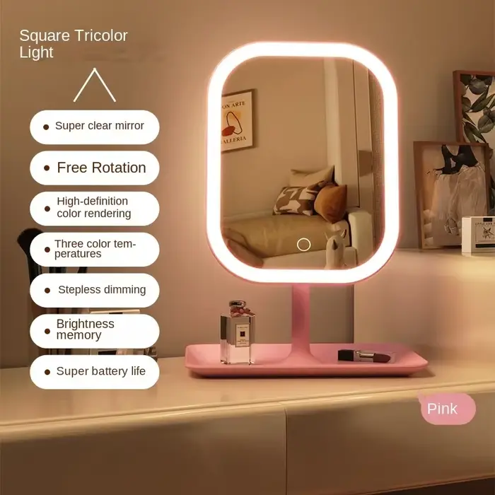 Miroir de vanité de bureau moderne rose, 1 pièce, lumière LED 3 couleurs, miroir de maquillage tacti