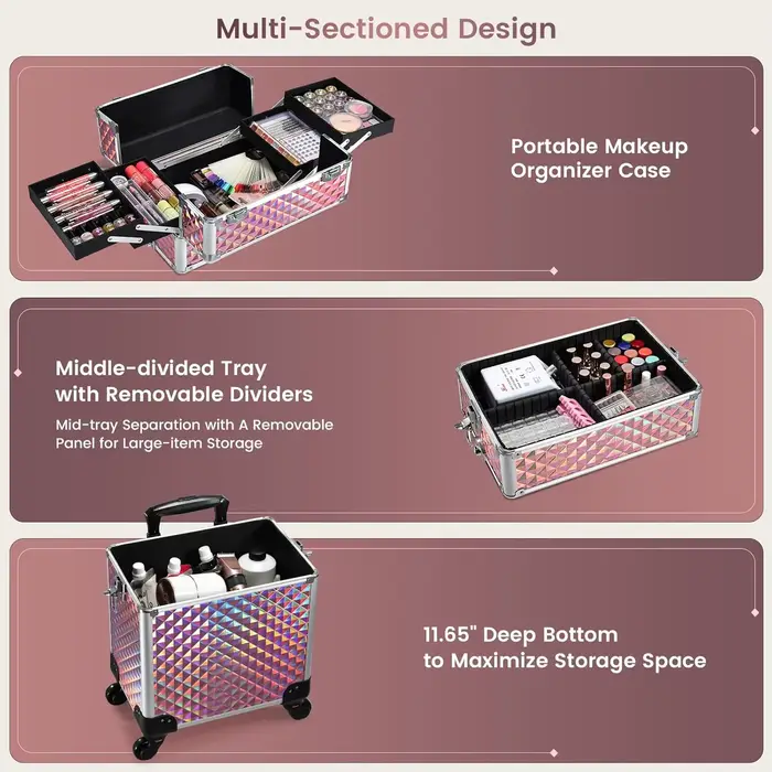 Valise de maquillage professionnelle 3 en 1 en aluminium avec roulettes, chariot de maquillage, vali