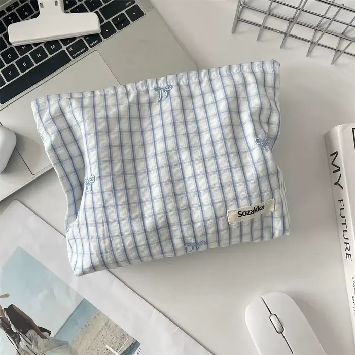 Sac de maquillage brodé à carreaux rayés, sac à cosmétiques pour femmes, organisateur de voyage de m