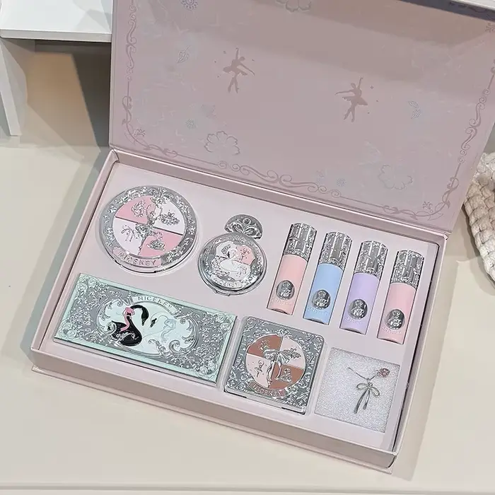 NICEKEY Coffrets de maquillage rose ballet comprenant 4 rouges à lèvres, 1 fard à joues, 1 poudre pr