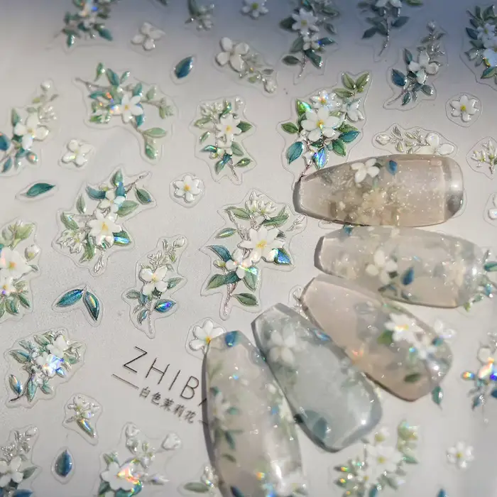 Autocollants pour ongles fleur de jasmin à paillettes 5D, 1 pièce, fleur en relief Kawaii, décoratio