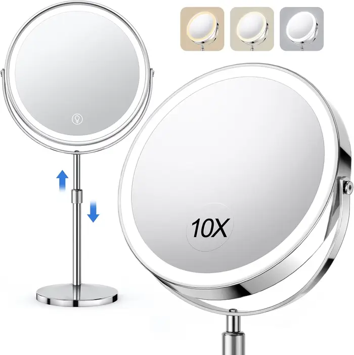 Miroir de maquillage de 8 pouces avec lampe lumineuse grossissement 10X 3 lumières de couleur, miroi