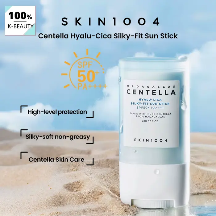 Stick solaire soyeux SKIN1004 Madagascar Centella Hyalu-Cica SPF50+ PA++++, protection solaire toute
