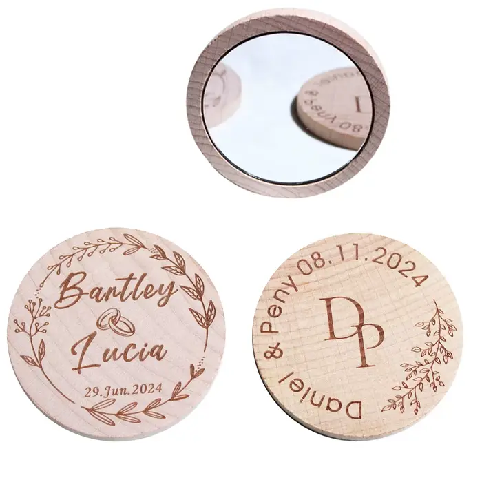 Miroirs Circulaires en Bois Gravés Personnalisés, Miroir de Maquillage de Poche, Cadeau de Mariage, 