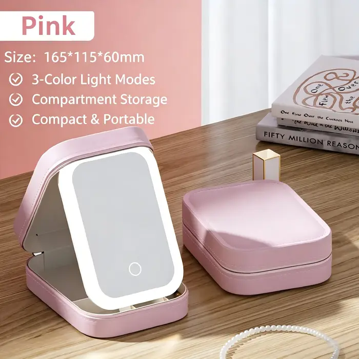 Miroir de maquillage à LED avec boîte à bijoux 2 en 1, miroir cosmétique portable de voyage avec ran