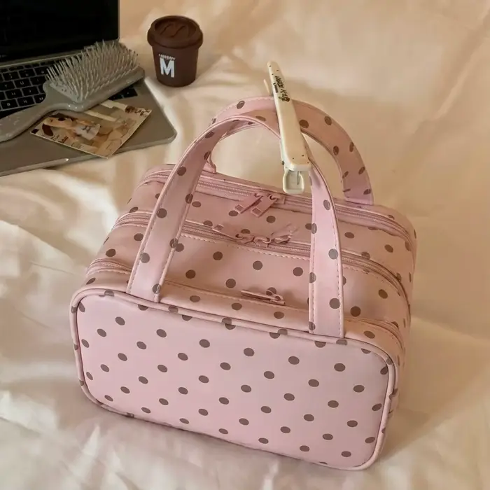 Sac de maquillage à pois pour femmes, grande capacité, 3 compartiments, organiseur de voyage pour pr