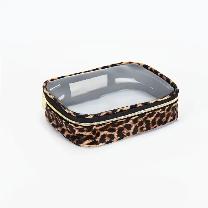 Trousse de maquillage transparente à imprimé léopard, trousse cosmétique étanche de grande capacité