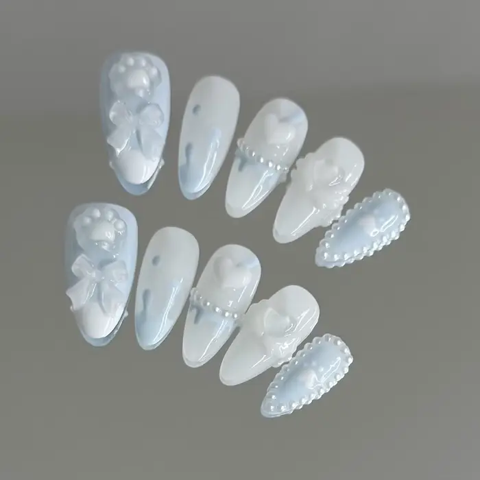 Faux Ongles à Pression Fait à la Main, Design de Patte d'Ours Mignon, Bleu Clair, Couverture Complèt